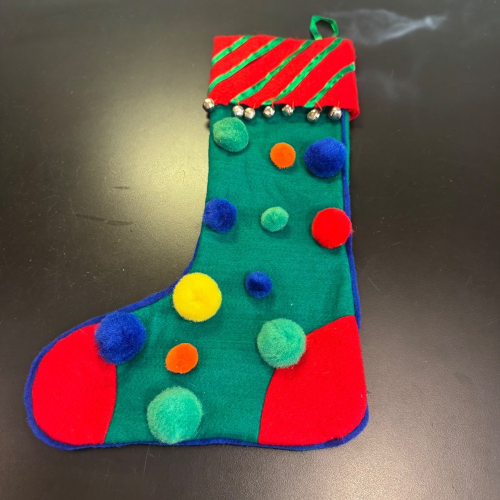 Handmade Christmas Stocking Green Red Pom Pom Jingle Bells Felt